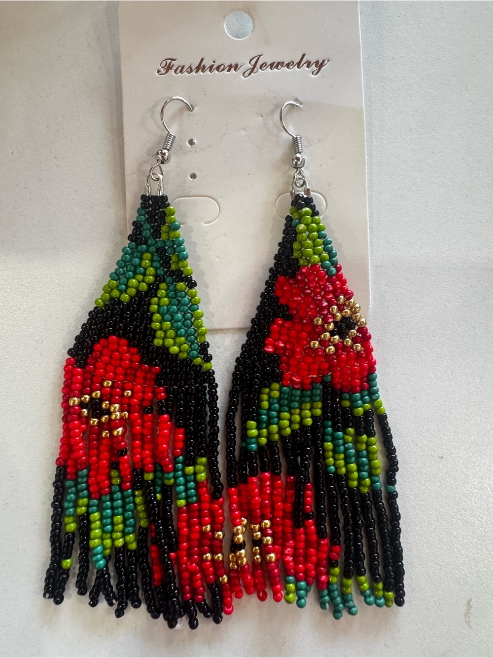 Fashion Jewelry Red Floral Beaded Fringe Earrings with Green Accents